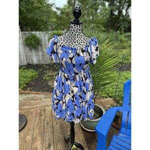 Free People Mini Dress Blue & Gray Floral Flowy Sleeves Size M Cottage Party